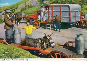 old postcard showing farmers delivering milk at a travelling creamery stop