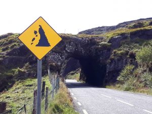 Rockfall warning sign in front of one of the short tunnels on the N71 in Bonane.